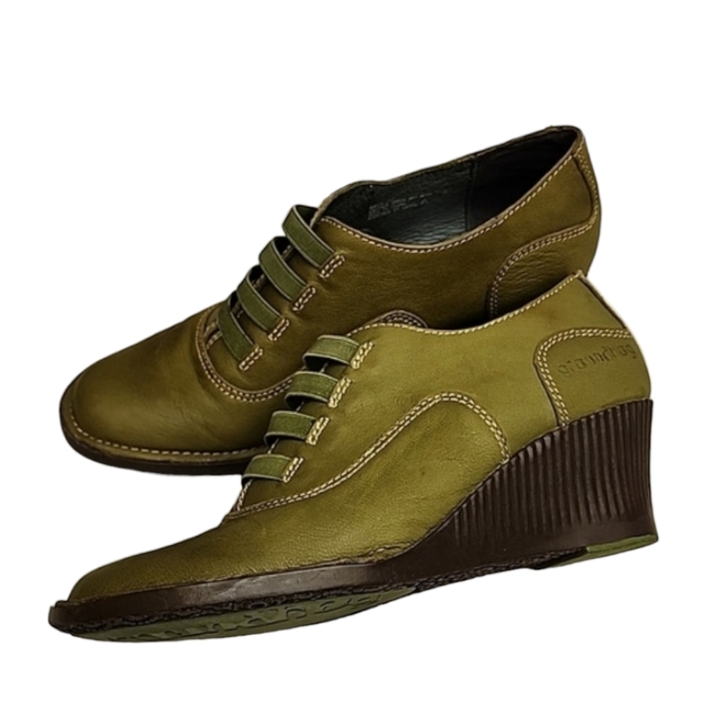 GROUNDHOG PORTUGAL Olive Leather Wedge Booties 7 37 Artsy Oxford Boots Slip On - Picture 11 of 16